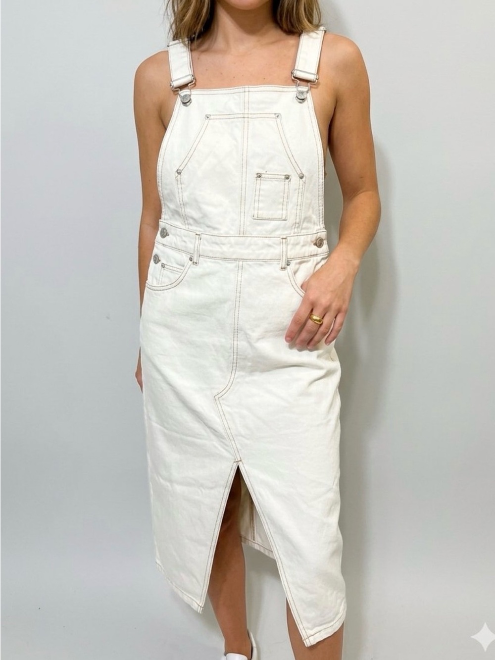 NWOT ZARA White Denim Midi Pinafore Dress - Size XS - 532